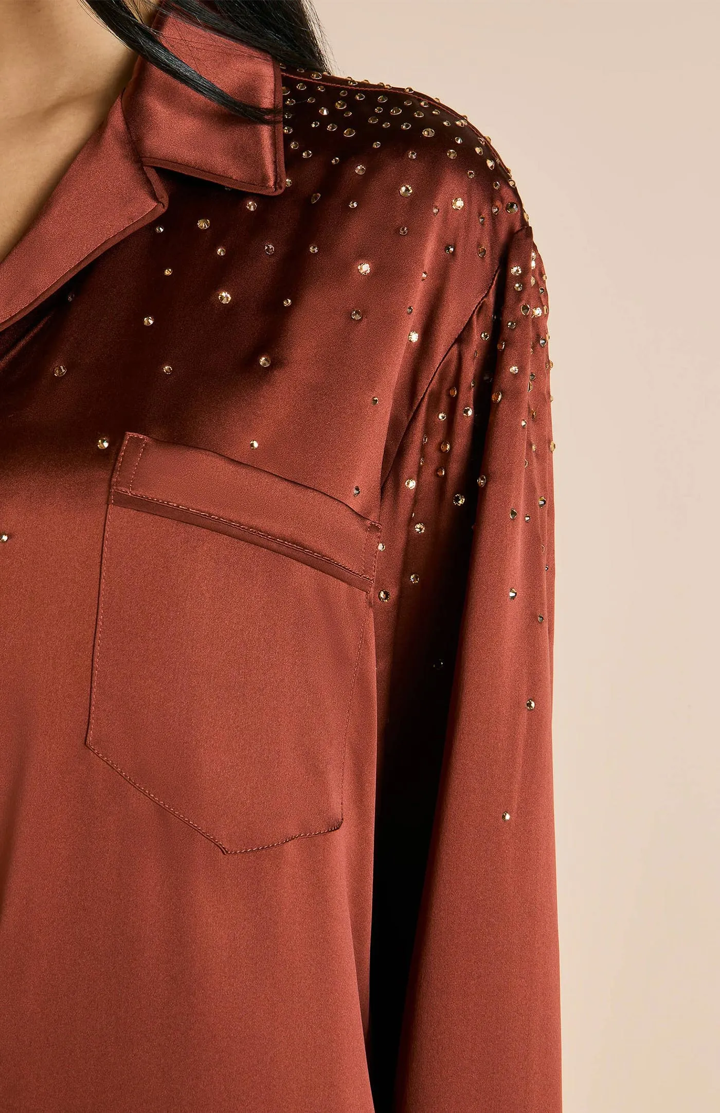 Crystal Brownie | Brown Satin Loungewear Set with Crystals