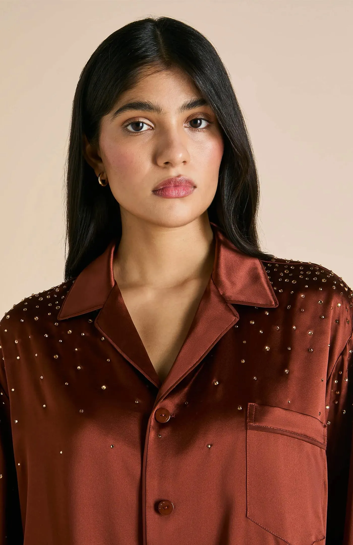 Crystal Brownie | Brown Satin Loungewear Set with Crystals