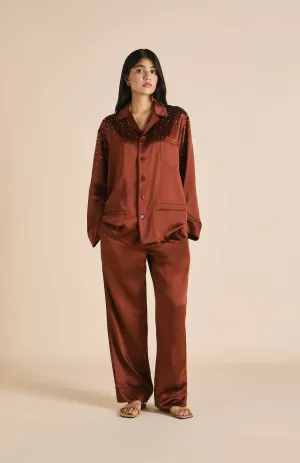 Crystal Brownie | Brown Satin Loungewear Set with Crystals