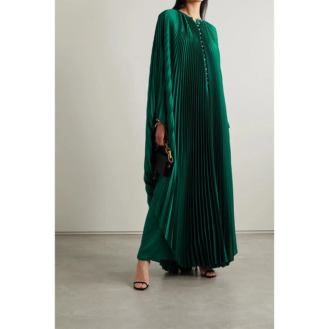 Crystal-Embellished Plissé-Satin Maxi Dress