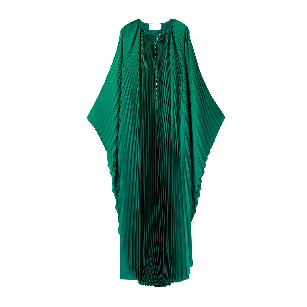 Crystal-Embellished Plissé-Satin Maxi Dress