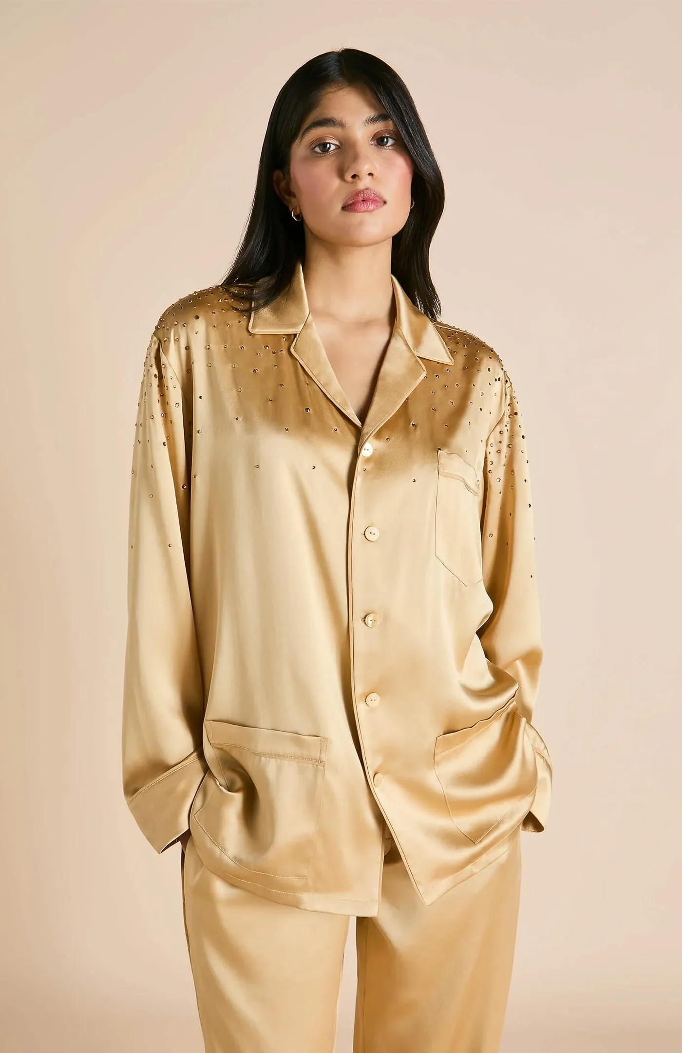 Crystals &  Gold | Gold Satin Loungewear Set with Crystals