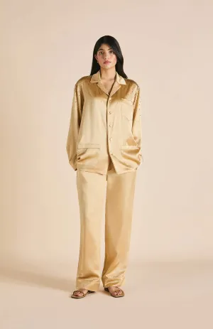 Crystals &  Gold | Gold Satin Loungewear Set with Crystals