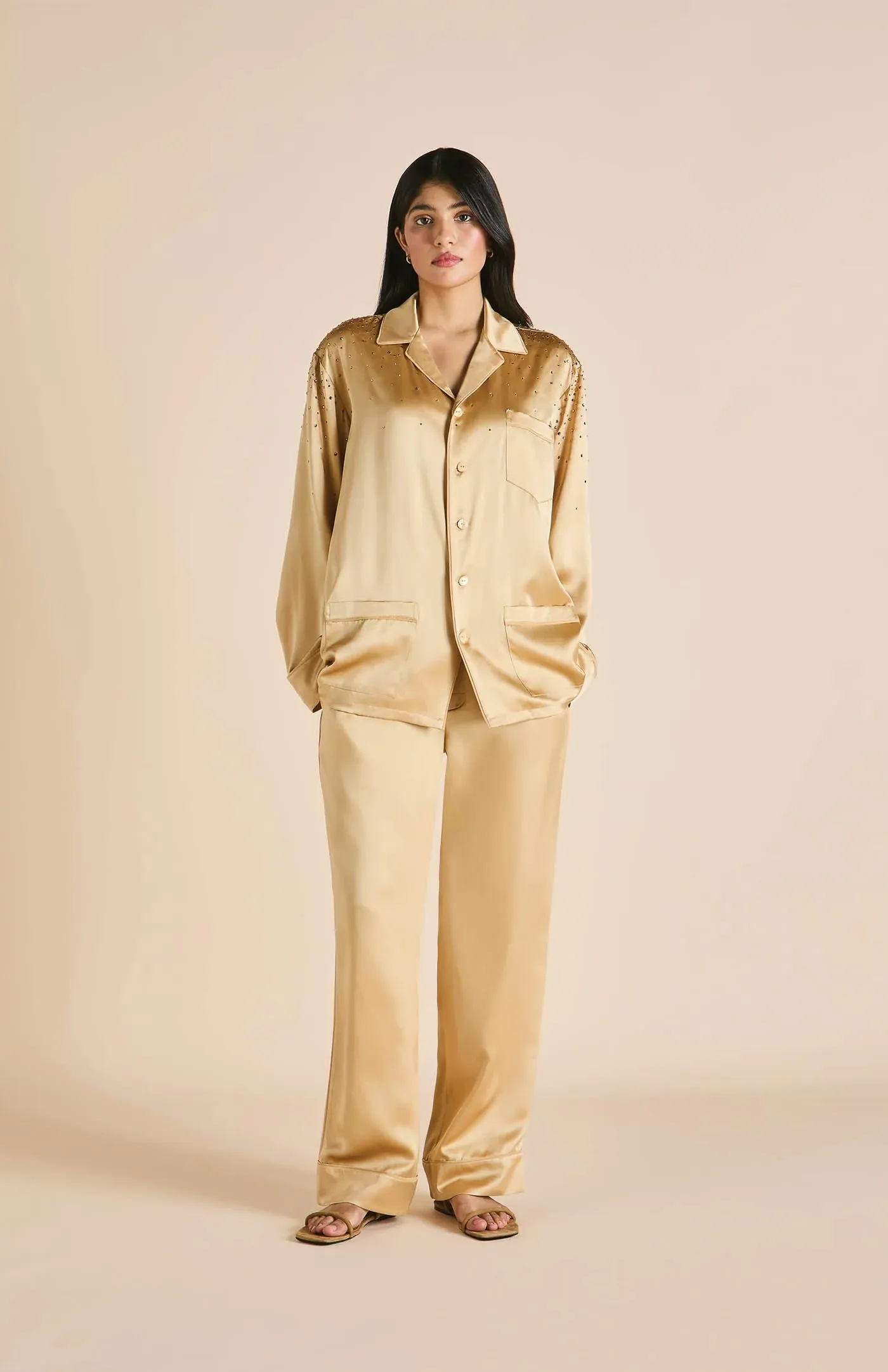 Crystals &  Gold | Gold Satin Loungewear Set with Crystals