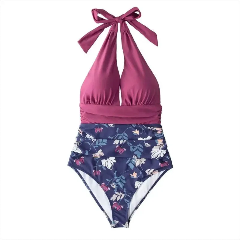 Cupshe navy floral deep v-neck halter one-piece swimsuit sexy backless lace up women monokini 2022