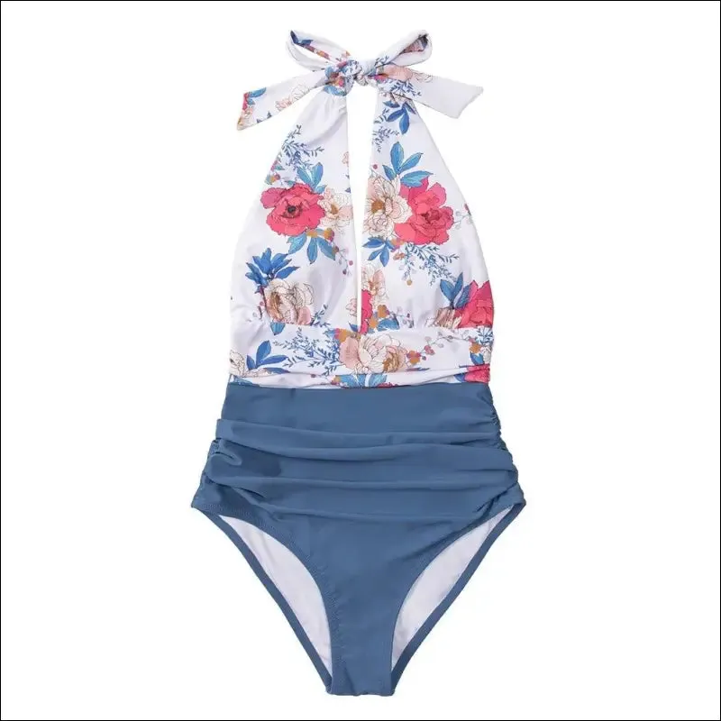 Cupshe navy floral deep v-neck halter one-piece swimsuit sexy backless lace up women monokini 2022