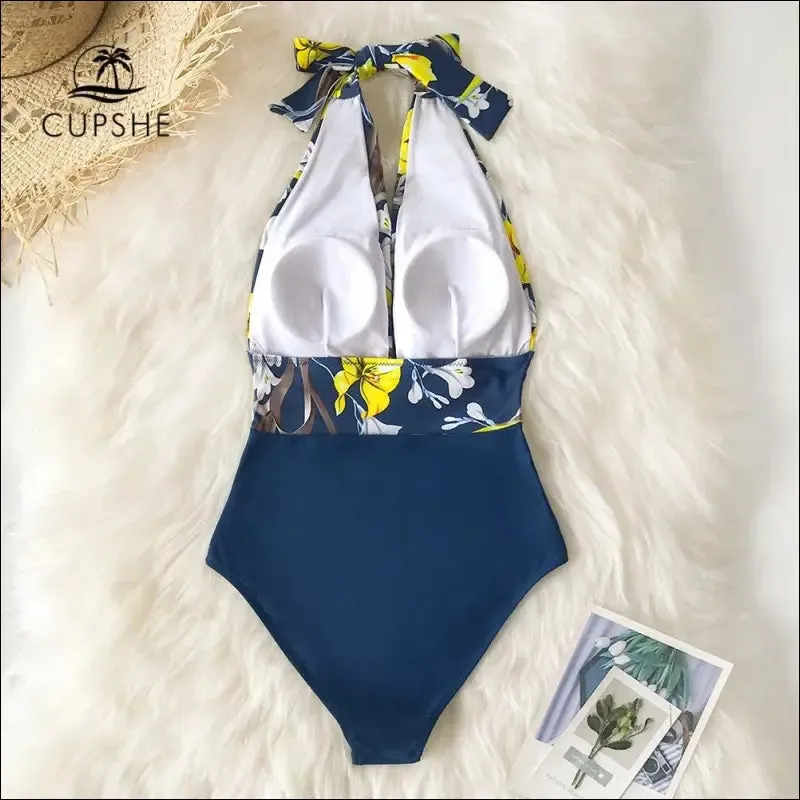 Cupshe navy floral deep v-neck halter one-piece swimsuit sexy backless lace up women monokini 2022