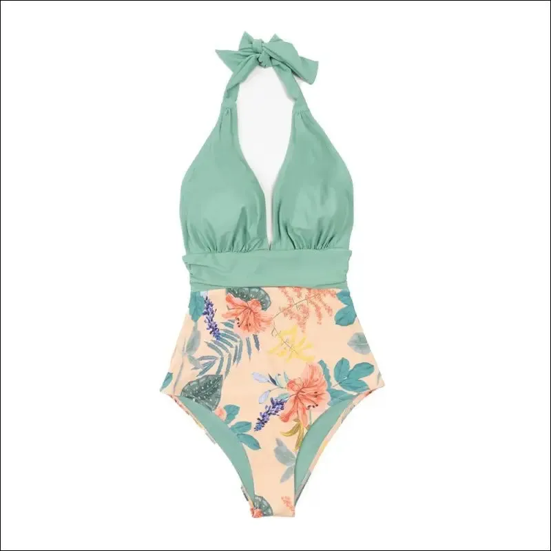 Cupshe navy floral deep v-neck halter one-piece swimsuit sexy backless lace up women monokini 2022