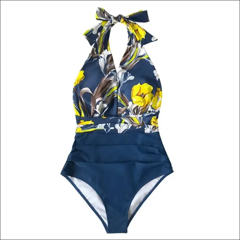 Cupshe navy floral deep v-neck halter one-piece swimsuit sexy backless lace up women monokini 2022