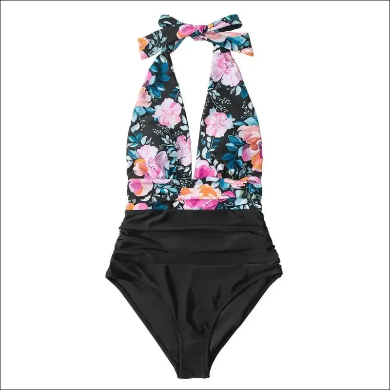 Cupshe navy floral deep v-neck halter one-piece swimsuit sexy backless lace up women monokini 2022