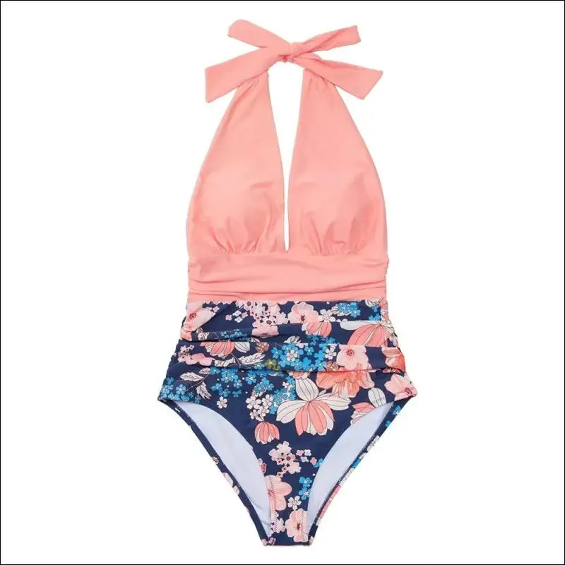 Cupshe navy floral deep v-neck halter one-piece swimsuit sexy backless lace up women monokini 2022