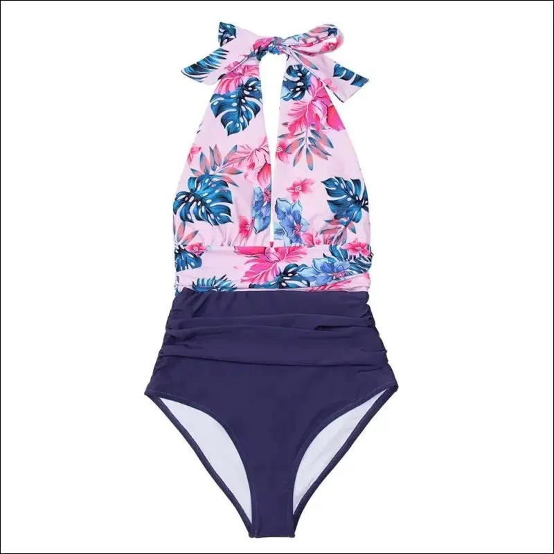 Cupshe navy floral deep v-neck halter one-piece swimsuit sexy backless lace up women monokini 2022
