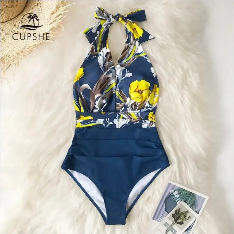 Cupshe navy floral deep v-neck halter one-piece swimsuit sexy backless lace up women monokini 2022
