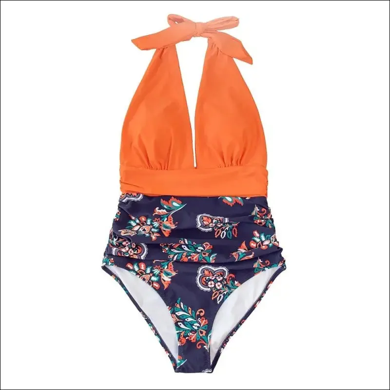 Cupshe navy floral deep v-neck halter one-piece swimsuit sexy backless lace up women monokini 2022