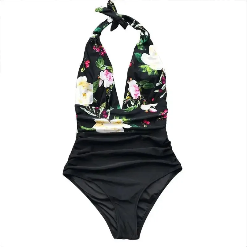 Cupshe navy floral deep v-neck halter one-piece swimsuit sexy backless lace up women monokini 2022