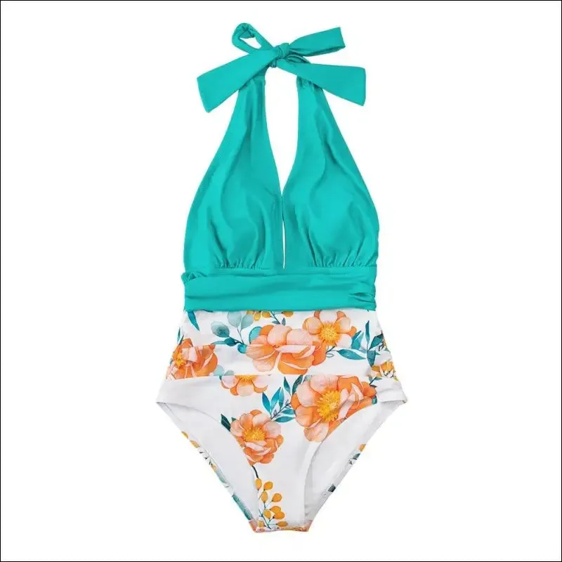 Cupshe navy floral deep v-neck halter one-piece swimsuit sexy backless lace up women monokini 2022