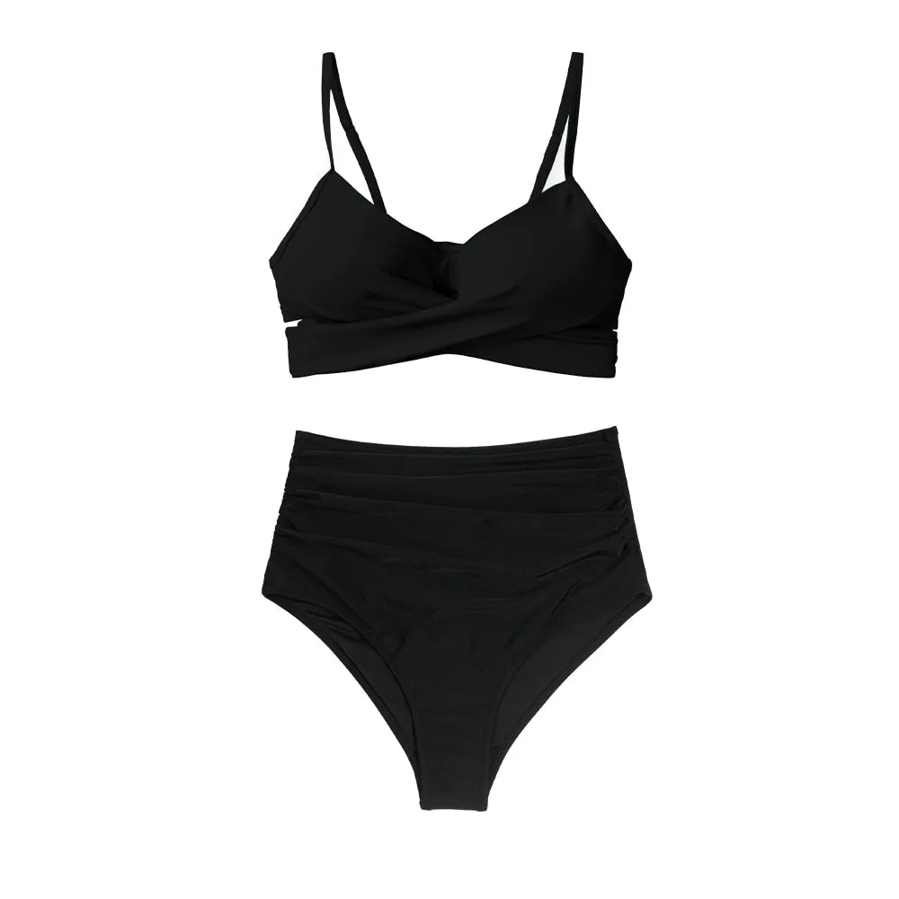 CUPSHE Push Up High Waist Bikini Sets Swimsuit For Women Sexy Black Leopard Lace Up Two Pieces Swimwear 2022 Beach Bathing Suits