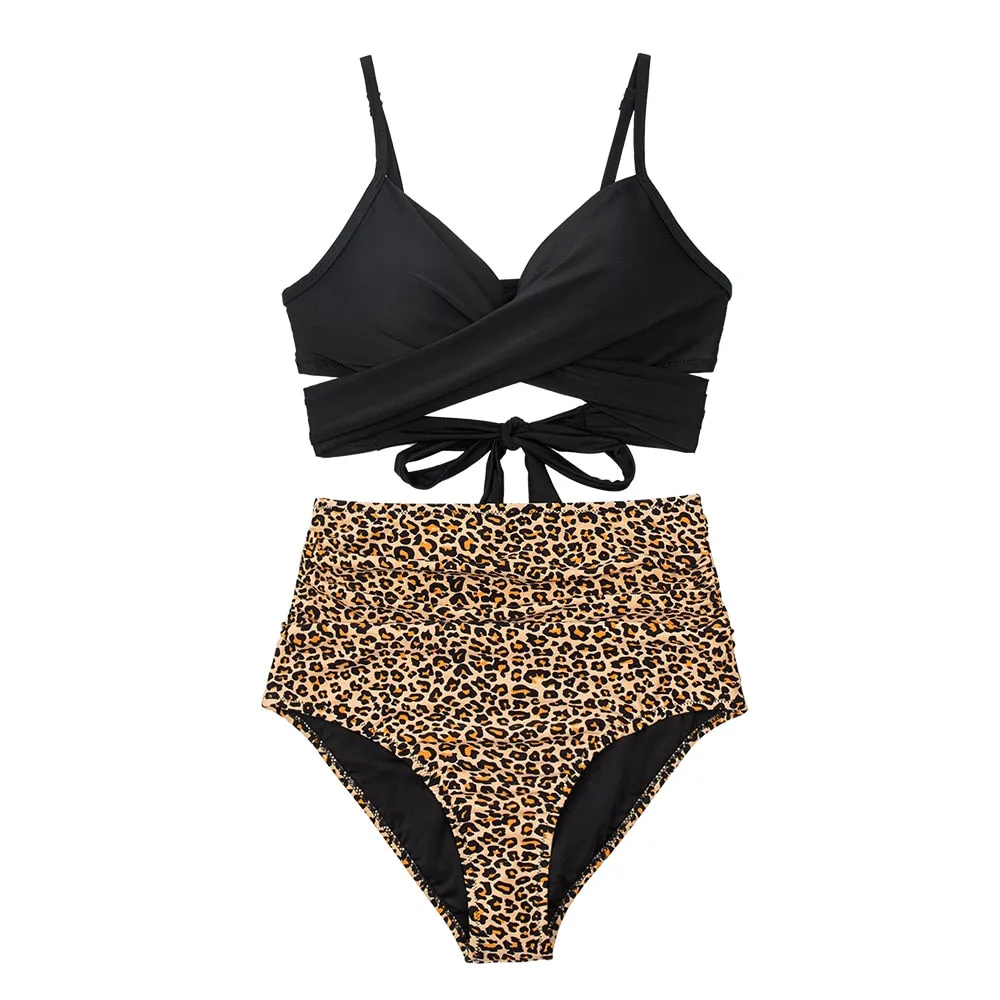 CUPSHE Push Up High Waist Bikini Sets Swimsuit For Women Sexy Black Leopard Lace Up Two Pieces Swimwear 2022 Beach Bathing Suits