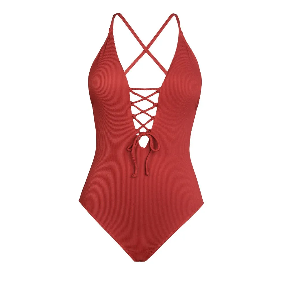 CUPSHE Remind Me Solid One-piece Swimsuit Women Backless Deep V neck Lace Up Sexy Bodysuits 2022 New Beach Bathing Suit Swimwear