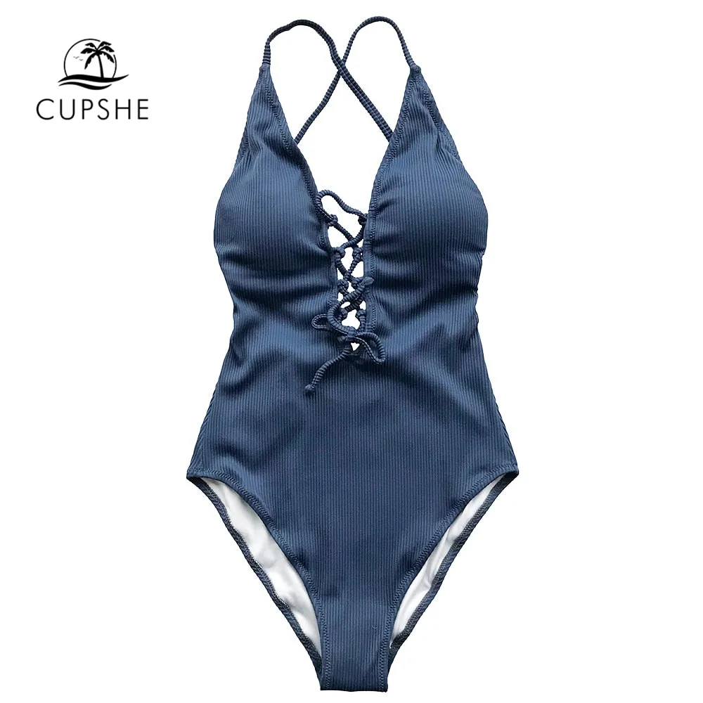 CUPSHE Remind Me Solid One-piece Swimsuit Women Backless Deep V neck Lace Up Sexy Bodysuits 2022 New Beach Bathing Suit Swimwear