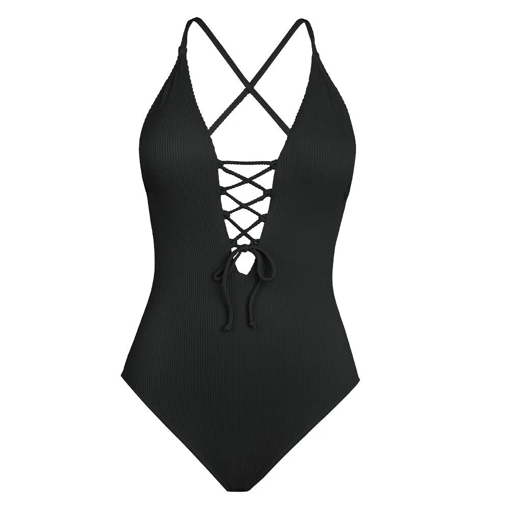 CUPSHE Remind Me Solid One-piece Swimsuit Women Backless Deep V neck Lace Up Sexy Bodysuits 2022 New Beach Bathing Suit Swimwear