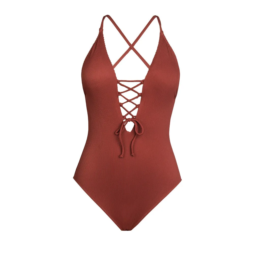 CUPSHE Remind Me Solid One-piece Swimsuit Women Backless Deep V neck Lace Up Sexy Bodysuits 2022 New Beach Bathing Suit Swimwear