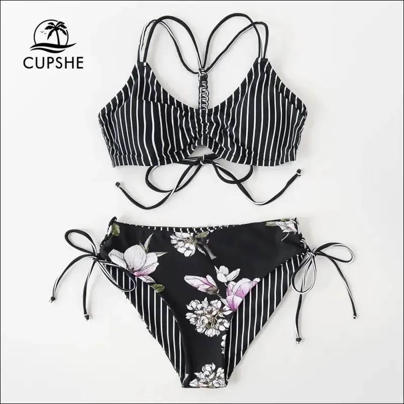 Cupshe reversible bottom low waist bikini sets for women sexy lace up swimsuit two pieces swimwear