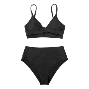 CUPSHE Solid Black Twist High Waist Bikini Sets Swimsuit For Women Sexy V-neck Tank Two Pieces Swimwear 2022 Beach Bathing Suit