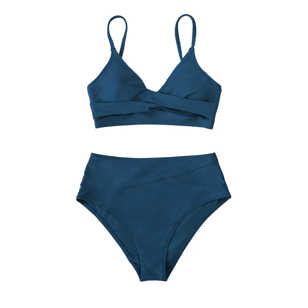 CUPSHE Solid Black Twist High Waist Bikini Sets Swimsuit For Women Sexy V-neck Tank Two Pieces Swimwear 2022 Beach Bathing Suit