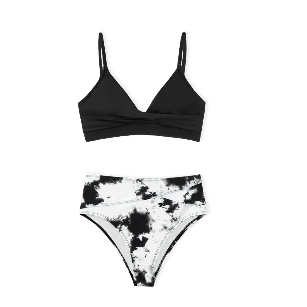 CUPSHE Solid Black Twist High Waist Bikini Sets Swimsuit For Women Sexy V-neck Tank Two Pieces Swimwear 2022 Beach Bathing Suit