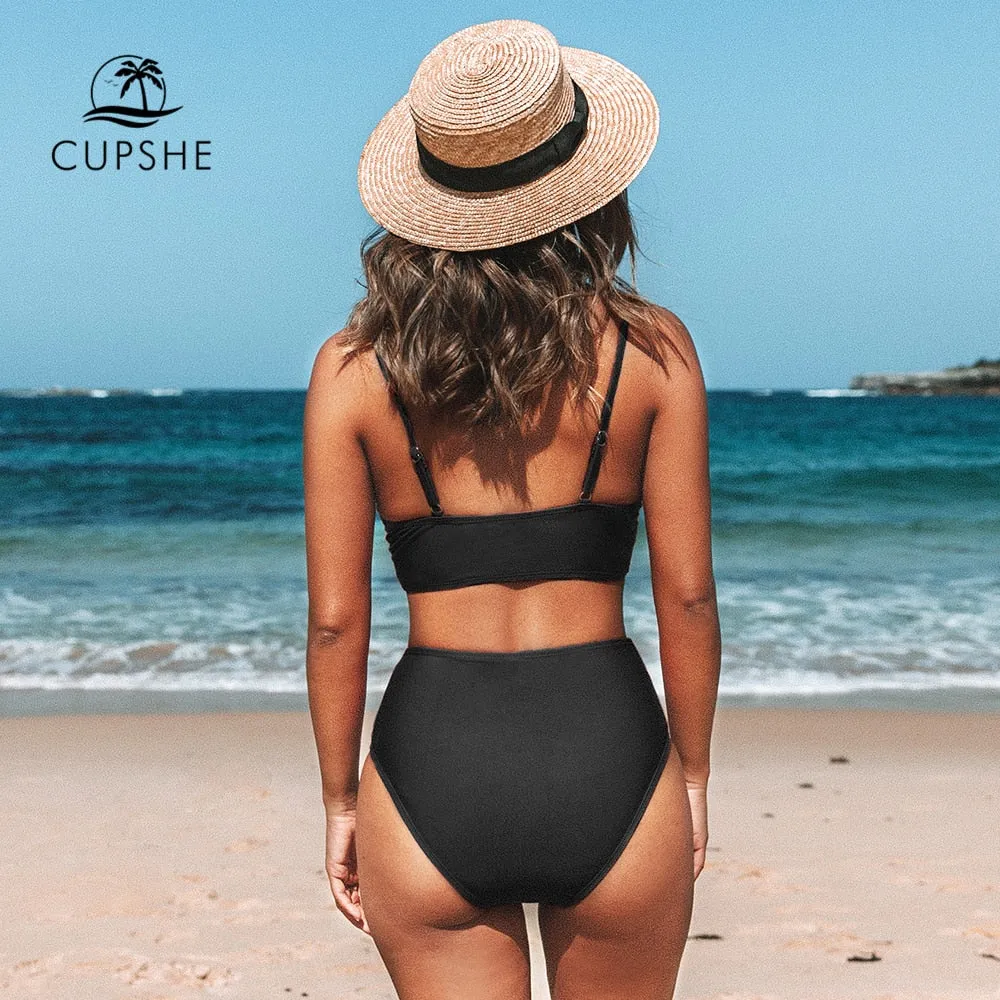 CUPSHE Solid Black Twist High Waist Bikini Sets Swimsuit For Women Sexy V-neck Tank Two Pieces Swimwear 2022 Beach Bathing Suit