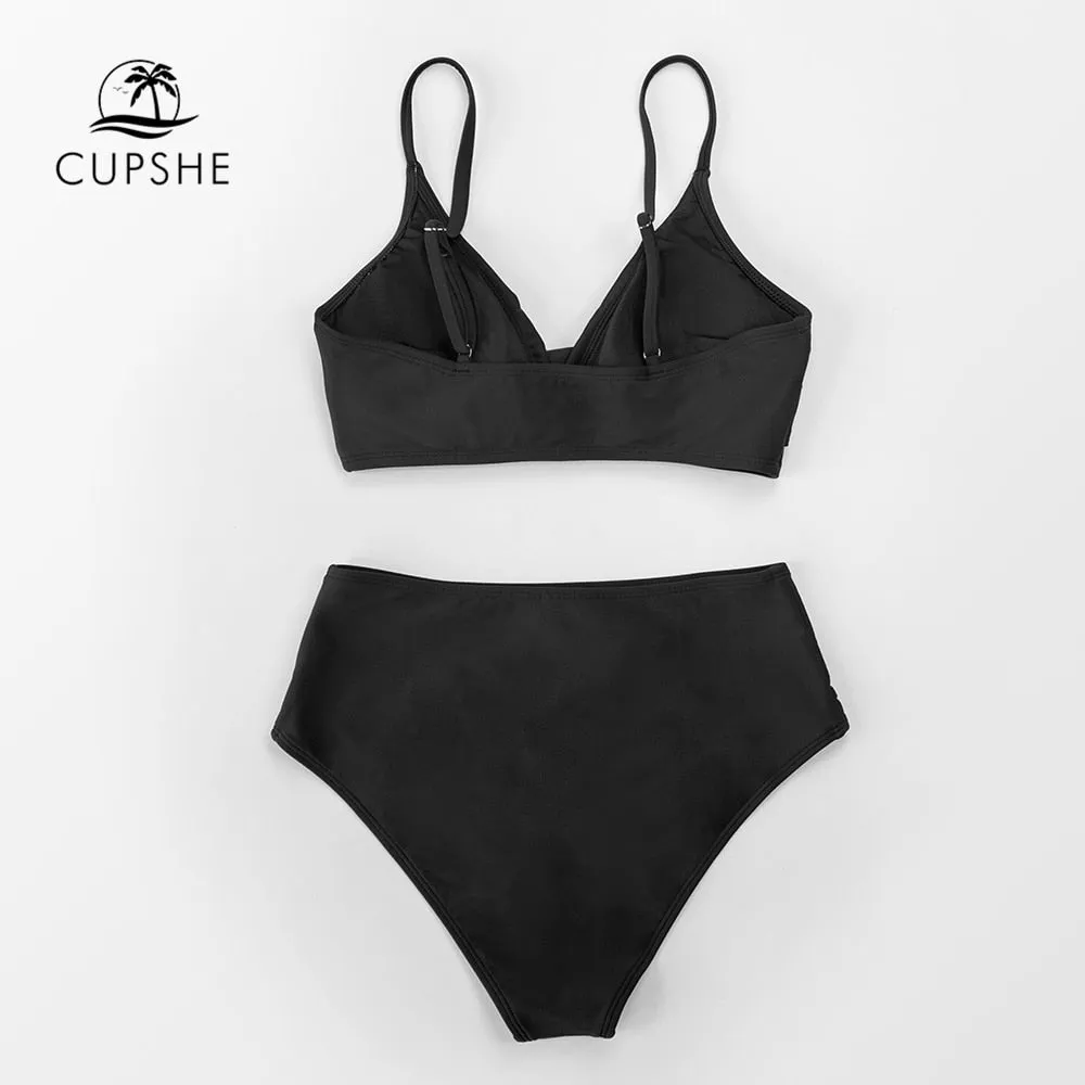 CUPSHE Solid Black Twist High Waist Bikini Sets Swimsuit For Women Sexy V-neck Tank Two Pieces Swimwear 2022 Beach Bathing Suit