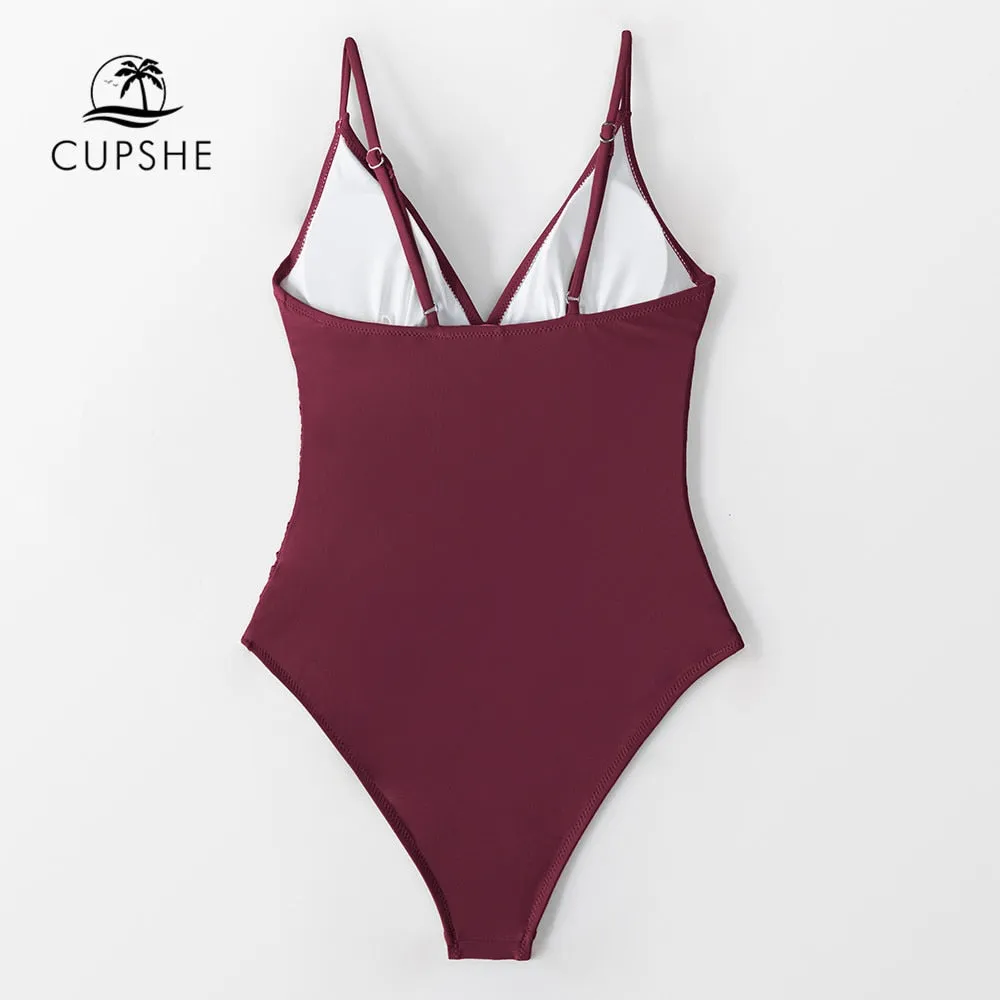 CUPSHE Solid Burgundy Shirring One-piece Swimsuit Women Deep V-neck Removable Bra Plain Monokinis 2022 New Summer Beach Swimwear
