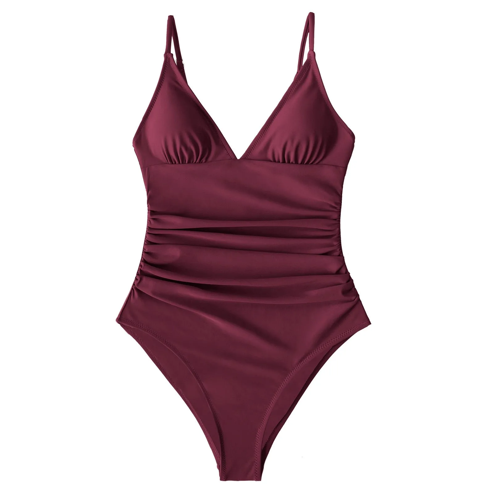 CUPSHE Solid Burgundy Shirring One-piece Swimsuit Women Deep V-neck Removable Bra Plain Monokinis 2022 New Summer Beach Swimwear