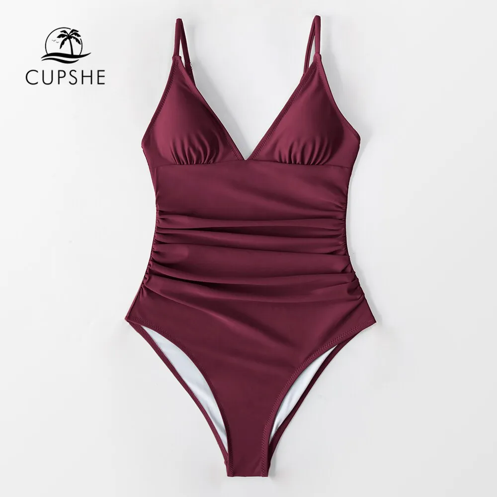 CUPSHE Solid Burgundy Shirring One-piece Swimsuit Women Deep V-neck Removable Bra Plain Monokinis 2022 New Summer Beach Swimwear