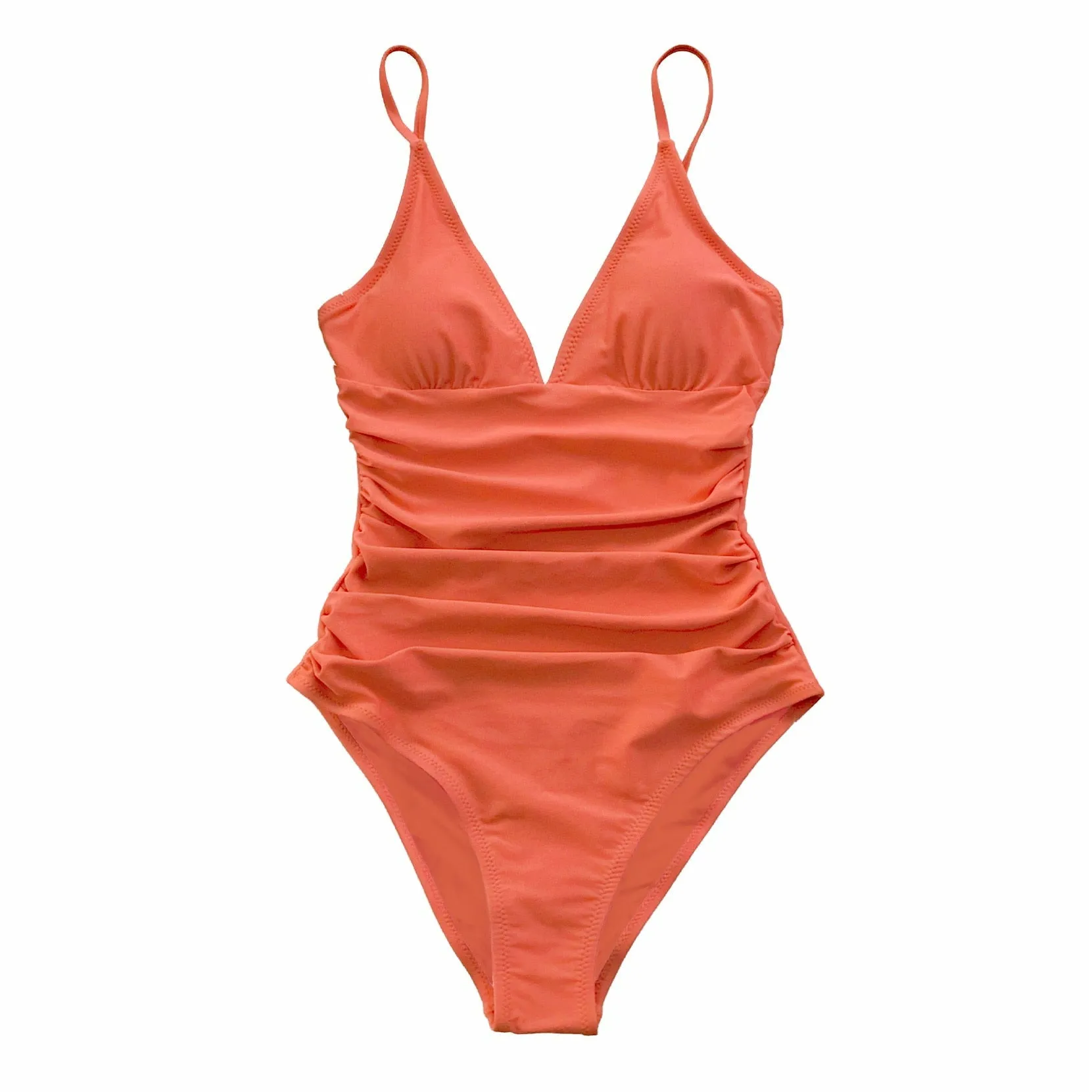CUPSHE Solid Burgundy Shirring One-piece Swimsuit Women Deep V-neck Removable Bra Plain Monokinis 2022 New Summer Beach Swimwear