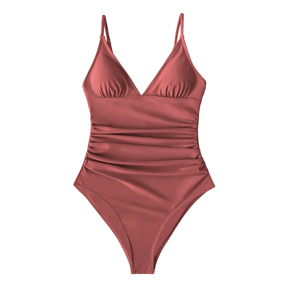 CUPSHE Solid Burgundy Shirring One-piece Swimsuit Women Deep V-neck Removable Bra Plain Monokinis 2022 New Summer Beach Swimwear