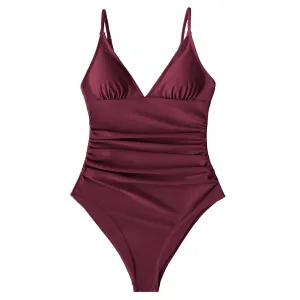 CUPSHE Solid Burgundy Shirring One-piece Swimsuit Women Deep V-neck Removable Bra Plain Monokinis 2022 New Summer Beach Swimwear