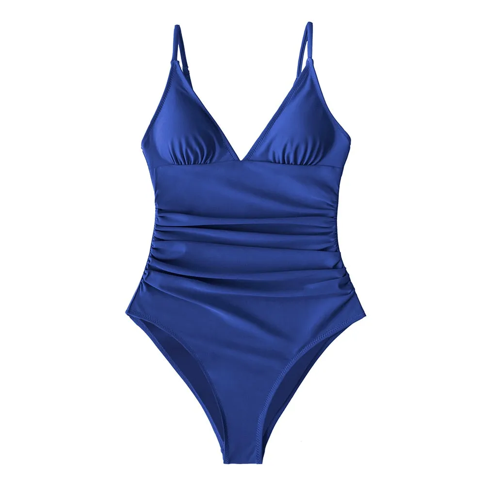 CUPSHE Solid Burgundy Shirring One-piece Swimsuit Women Deep V-neck Removable Bra Plain Monokinis 2022 New Summer Beach Swimwear