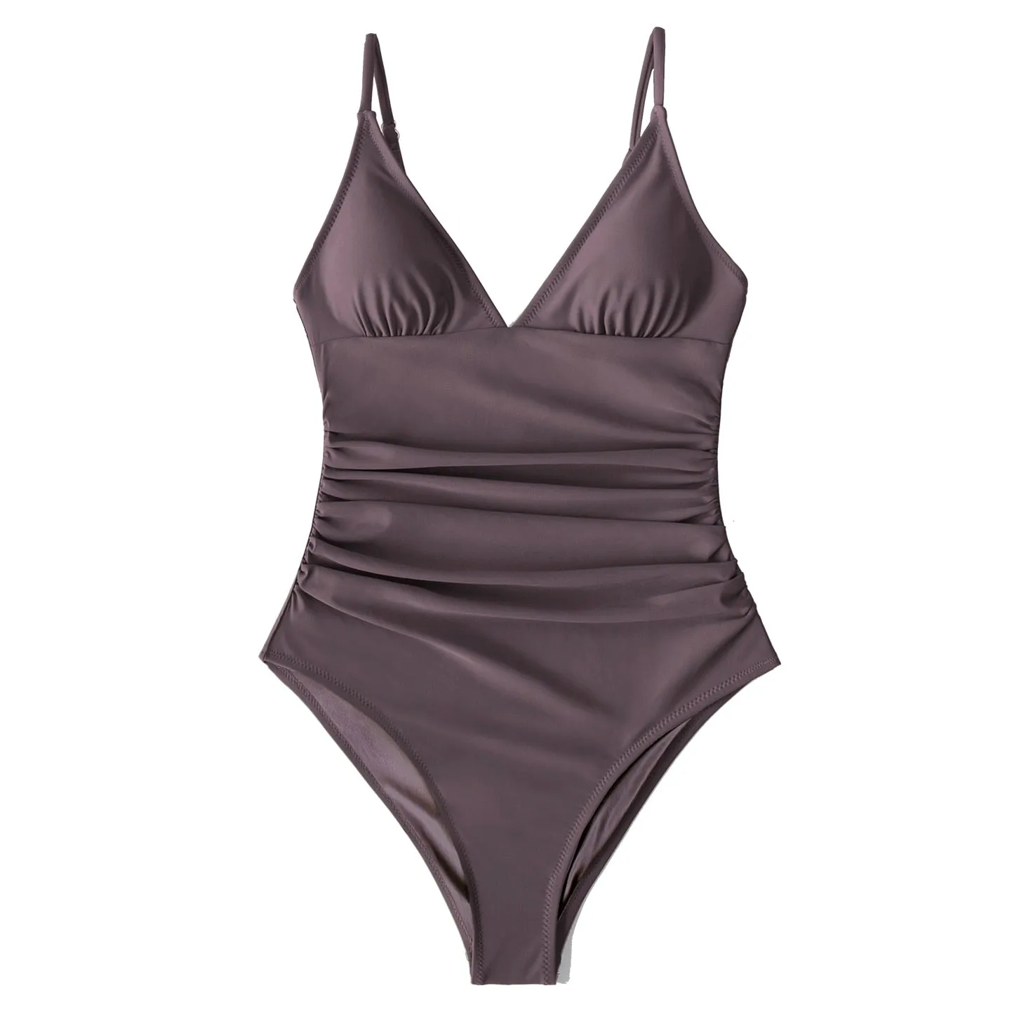 CUPSHE Solid Burgundy Shirring One-piece Swimsuit Women Deep V-neck Removable Bra Plain Monokinis 2022 New Summer Beach Swimwear