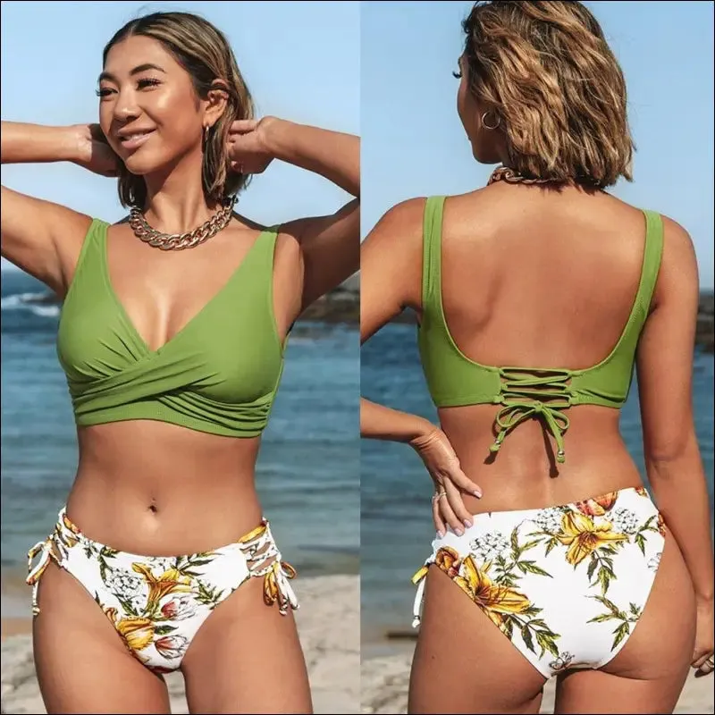 Cupshe yellow and lemon print mid-waist bikini sets swimsuit women sexy lace up two pieces swimwear