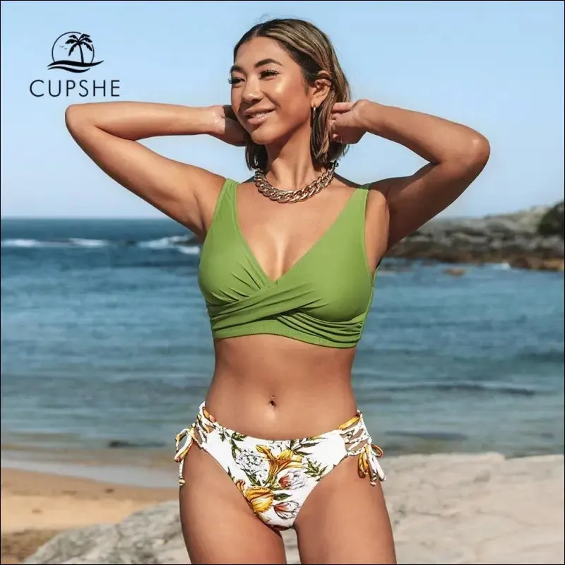 Cupshe yellow and lemon print mid-waist bikini sets swimsuit women sexy lace up two pieces swimwear