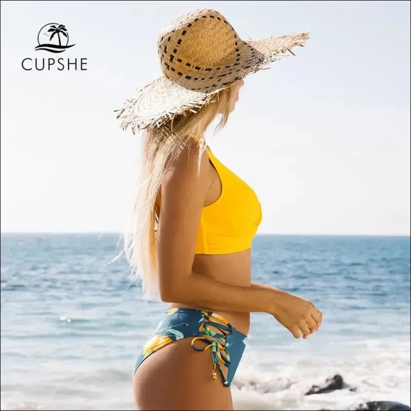 Cupshe yellow and lemon print mid-waist bikini sets swimsuit women sexy lace up two pieces swimwear