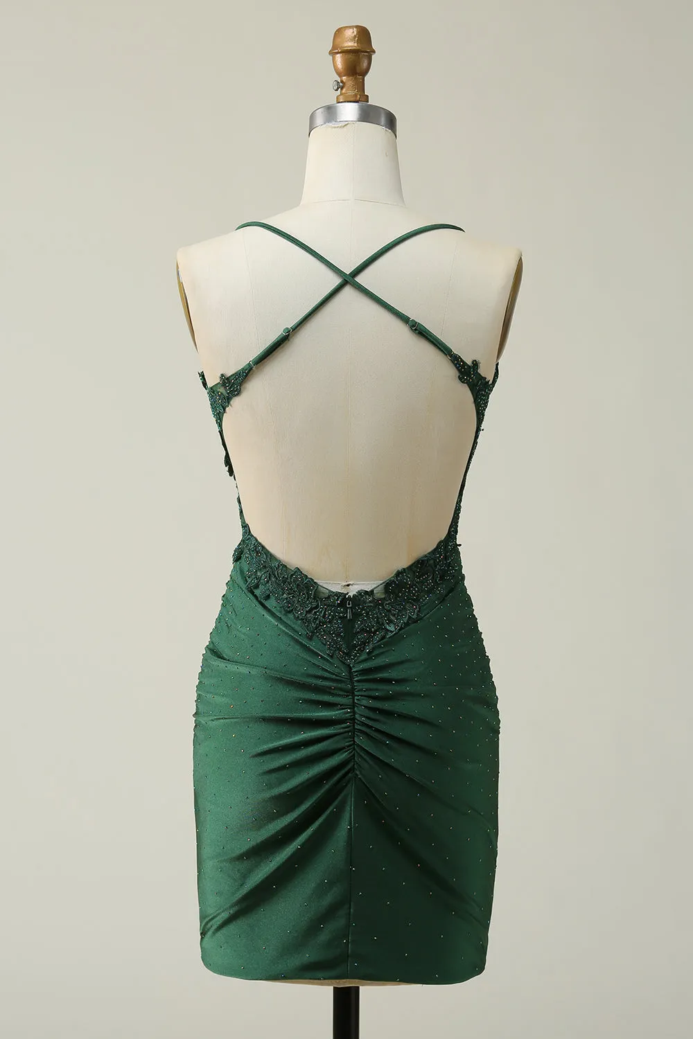 Dark Green Sheath Spaghetti Straps Short Homecoming Dress with Appliques