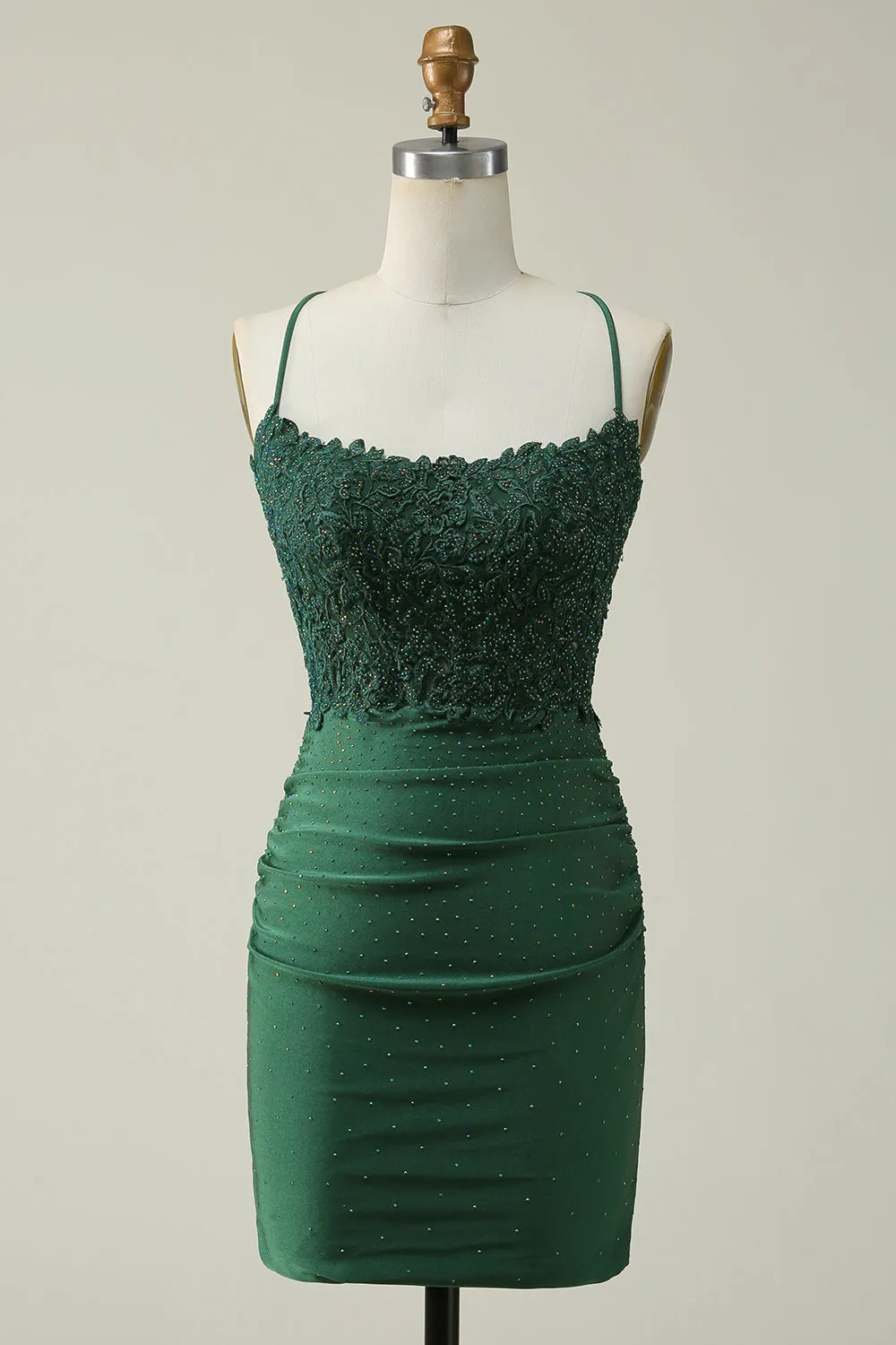 Dark Green Sheath Spaghetti Straps Short Homecoming Dress with Appliques