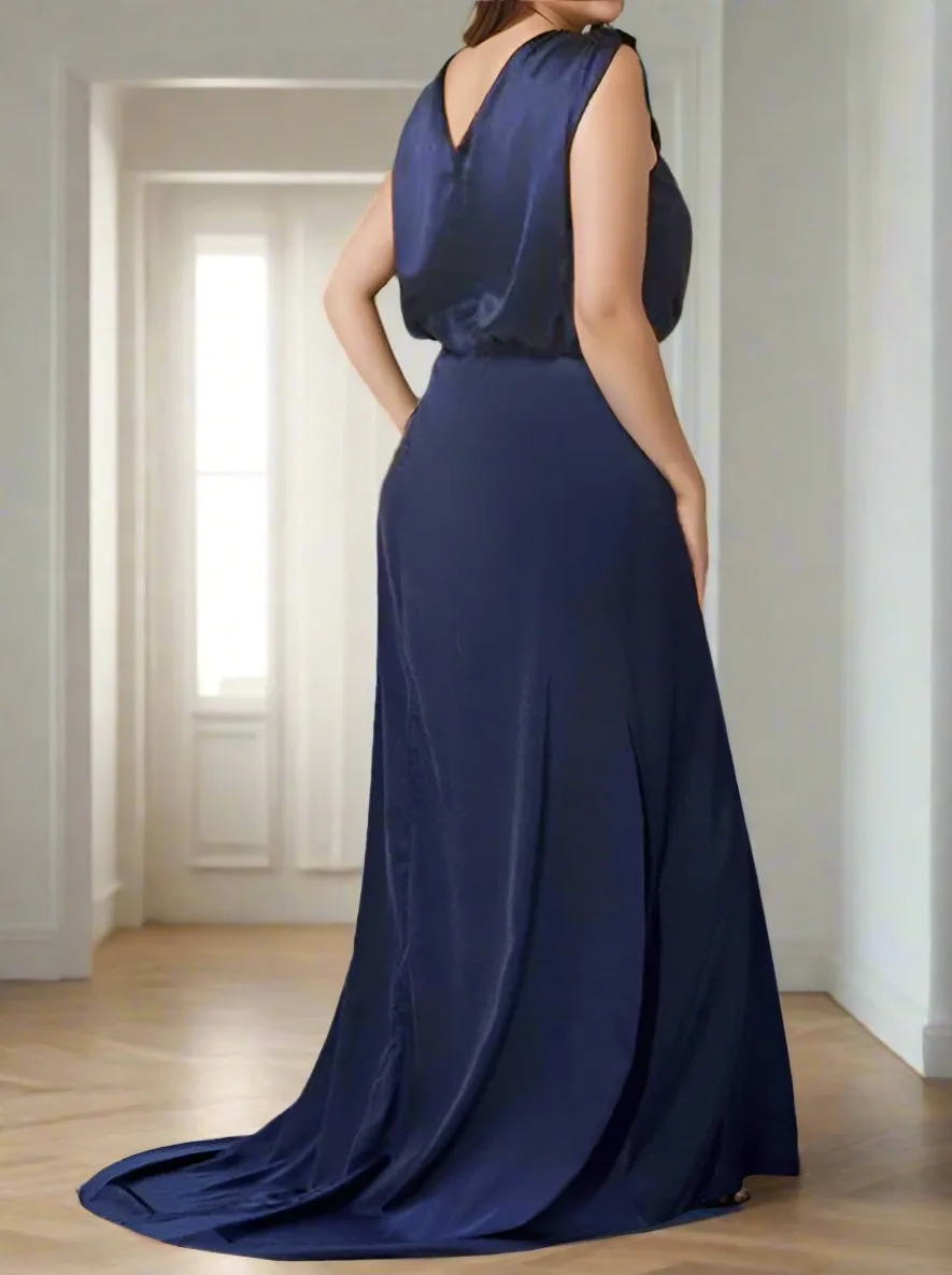 Dark Navy A-Line V-Neck Sleeveless Mother of The Bride Dresses