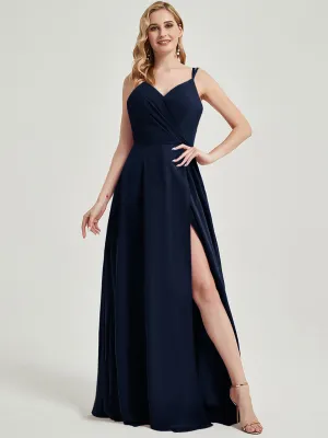 Dark Navy Spaghetti Straps Slit Maxi Lace Chiffon Bridesmaid Dress
