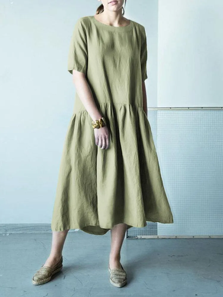 deanwangkt Half Sleeve O-neck Stitching Cotton Women Casual Plain Midi Dress