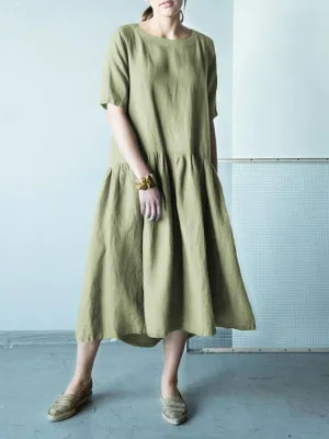 deanwangkt Half Sleeve O-neck Stitching Cotton Women Casual Plain Midi Dress