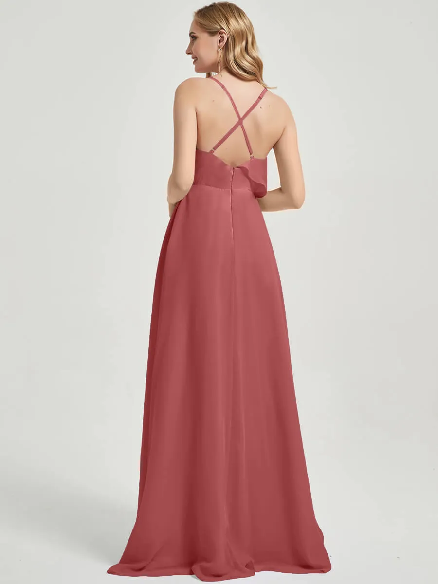 Desert Rose Criss-Cross Straps Ruffles Slit Chiffon Bridesmaid Dress